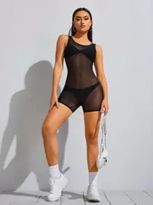 SHEIN Essnce Áo liền quần Tương phản Mesh cắt màu trơn Gợi cảm - màu đen - Xem 3
