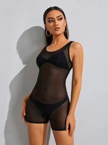 SHEIN Essnce Áo liền quần Tương phản Mesh cắt màu trơn Gợi cảm - màu đen - Xem 4