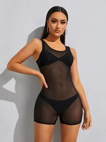 SHEIN Essnce Áo liền quần Tương phản Mesh cắt màu trơn Gợi cảm - màu đen - Xem 5