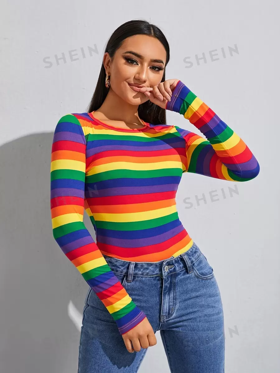 SHEIN Essnce Rainbow Striped Round Neck Tee for Sale Australia| New ...