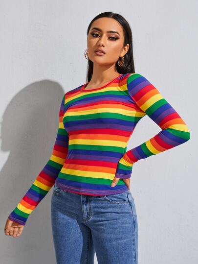 SHEIN Essnce Womens Multi Color Stripe Long Sleeve T-Shirt Casual Slim Fit Rainbow Top For Everyday Wear