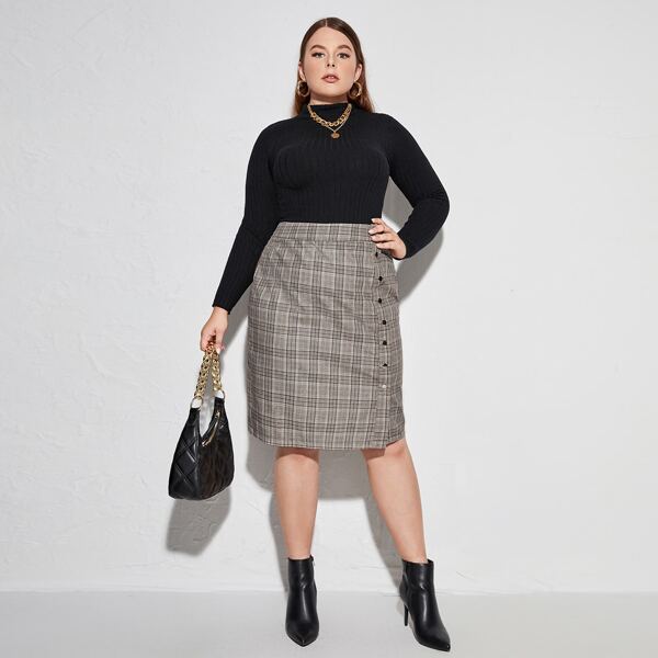

Plus High Waist Tartan Single Breasted Skirt, Grey