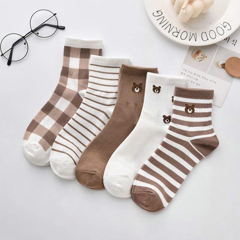 

5pairs Bear Print Crew Socks, Multicolor