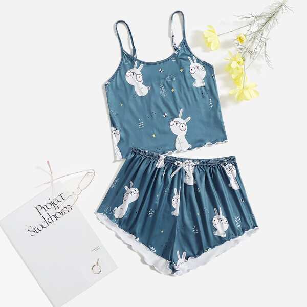 

Plants And Rabbit Print Lettuce Trim PJ Set, Blue