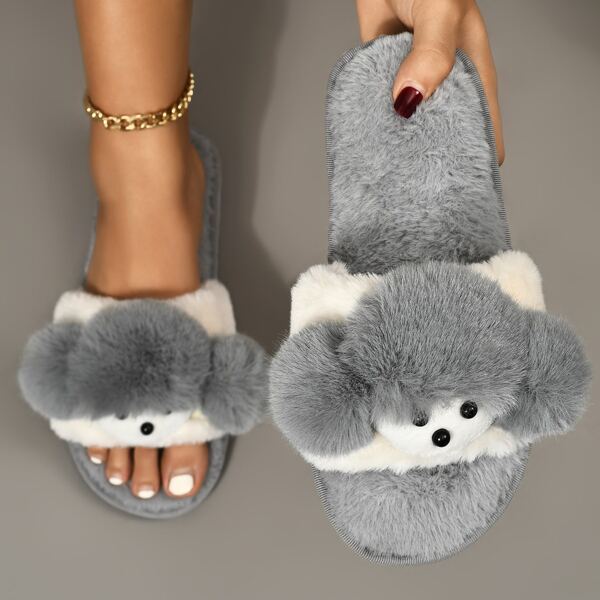 

Cartoon Decor Fluffy Slippers, Light grey