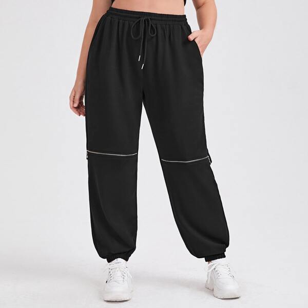 

Plus Drawstring Waist Zip Detail Sweatpants, Black