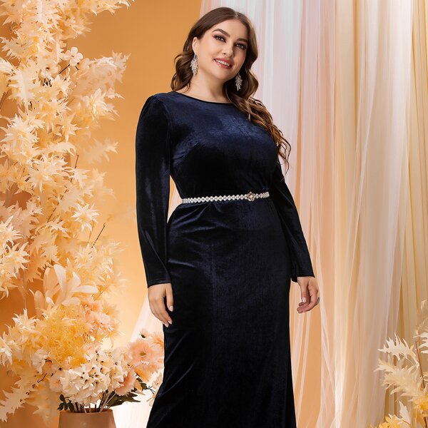 

Plus Solid Round Neck Velvet Dress Without Belt, Navy blue