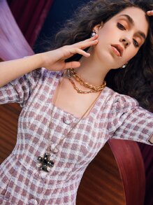 SHEIN Plaid Pattern Patched Pocket Puff Sleeve Tweed Dress - Mauve Purple - View 2