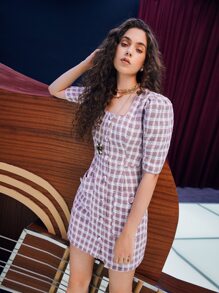 SHEIN Plaid Pattern Patched Pocket Puff Sleeve Tweed Dress - Mauve Purple - View 3