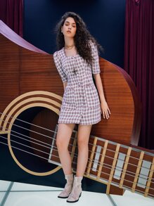 SHEIN Plaid Pattern Patched Pocket Puff Sleeve Tweed Dress - Mauve Purple - View 4