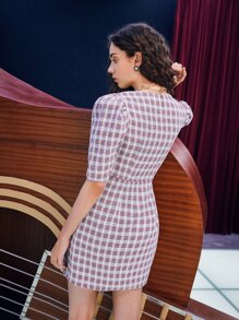 SHEIN Plaid Pattern Patched Pocket Puff Sleeve Tweed Dress - Mauve Purple - View 5