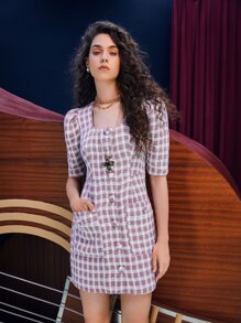 SHEIN Plaid Pattern Patched Pocket Puff Sleeve Tweed Dress - Mauve Purple - View 7