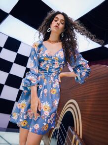 SHEIN Floral Print Lantern Sleeve Ruched Dress - Multicolor - View 3