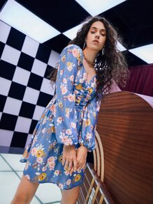SHEIN Floral Print Lantern Sleeve Ruched Dress - Multicolor - View 4