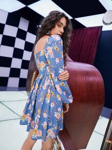 SHEIN Floral Print Lantern Sleeve Ruched Dress - Multicolor - View 8