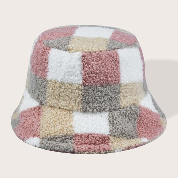 

Plaid Fuzzy Bucket Hat, Multicolor