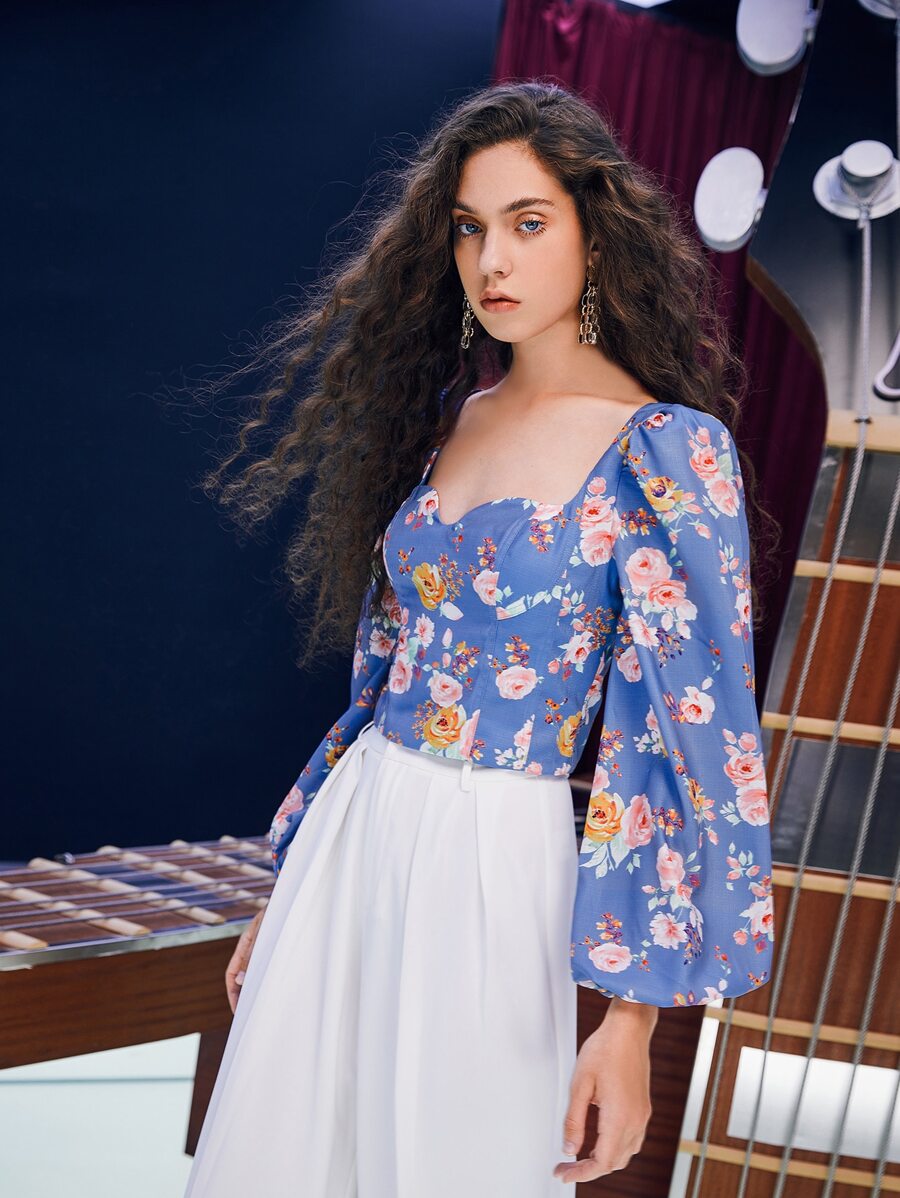 SHEIN Floral Print Zipper Back Blouse - Dusty Blue - View 1