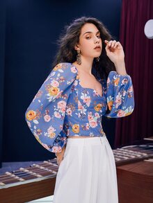 SHEIN Floral Print Zipper Back Blouse - Dusty Blue - View 2