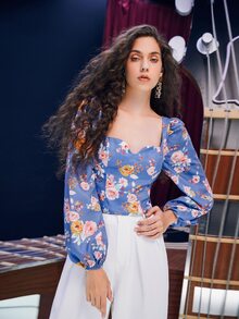 SHEIN Floral Print Zipper Back Blouse - Dusty Blue - View 4