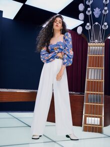 SHEIN Floral Print Zipper Back Blouse - Dusty Blue - View 5