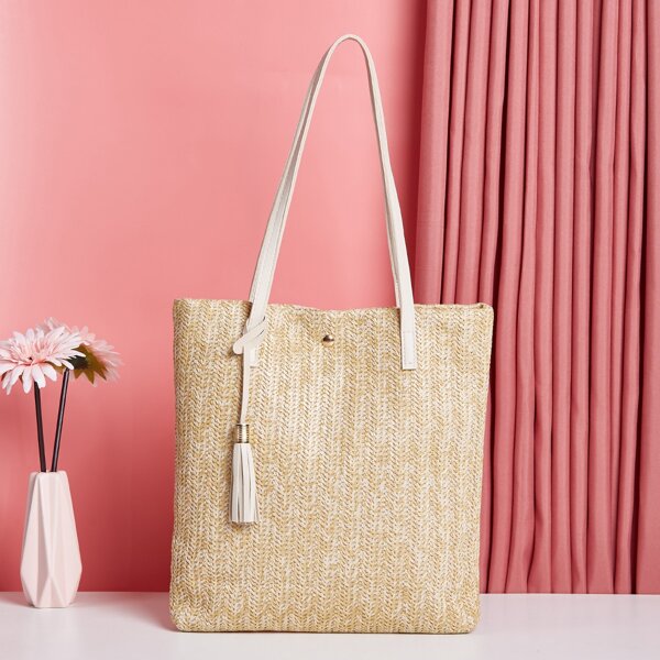

Tassel Decor Braided Detail Shoulder Tote Bag, Apricot
