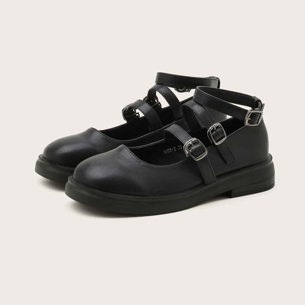 

Buckle Detail Ankle Strap Flats, Black