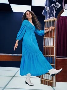 SHEIN Vestido schiffy con encaje en contraste bajo con fruncido - Azul - Ver 2