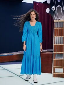 SHEIN Vestido schiffy con encaje en contraste bajo con fruncido - Azul - Ver 3