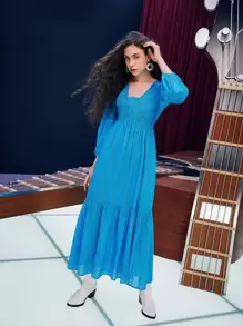 SHEIN Vestido schiffy con encaje en contraste bajo con fruncido - Azul - Ver 1