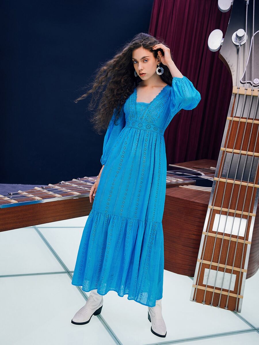 SHEIN Vestido schiffy con encaje en contraste bajo con fruncido - Azul - Ver 1