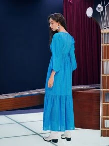 SHEIN Vestido schiffy con encaje en contraste bajo con fruncido - Azul - Ver 4