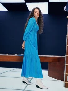 SHEIN Vestido schiffy con encaje en contraste bajo con fruncido - Azul - Ver 5