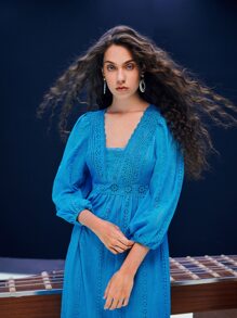 SHEIN Vestido schiffy con encaje en contraste bajo con fruncido - Azul - Ver 6