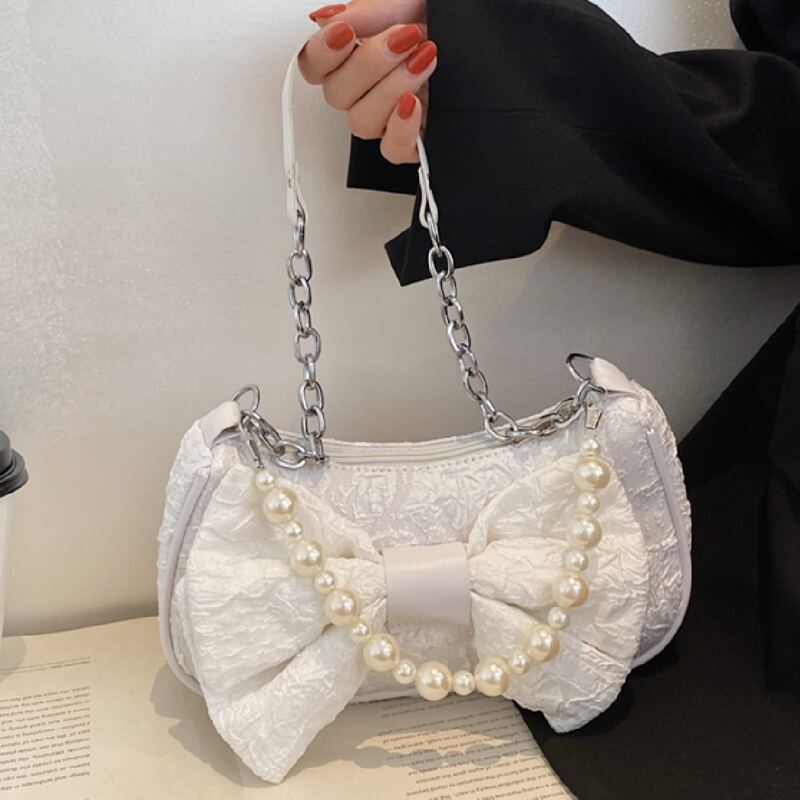 

Bow & Faux Pearl Decor Shoulder Bag, White