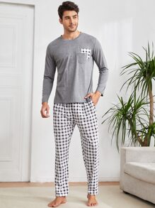 Men Gingham Patched Pocket PJ Set / Pajama Set - Multicolor - View 3