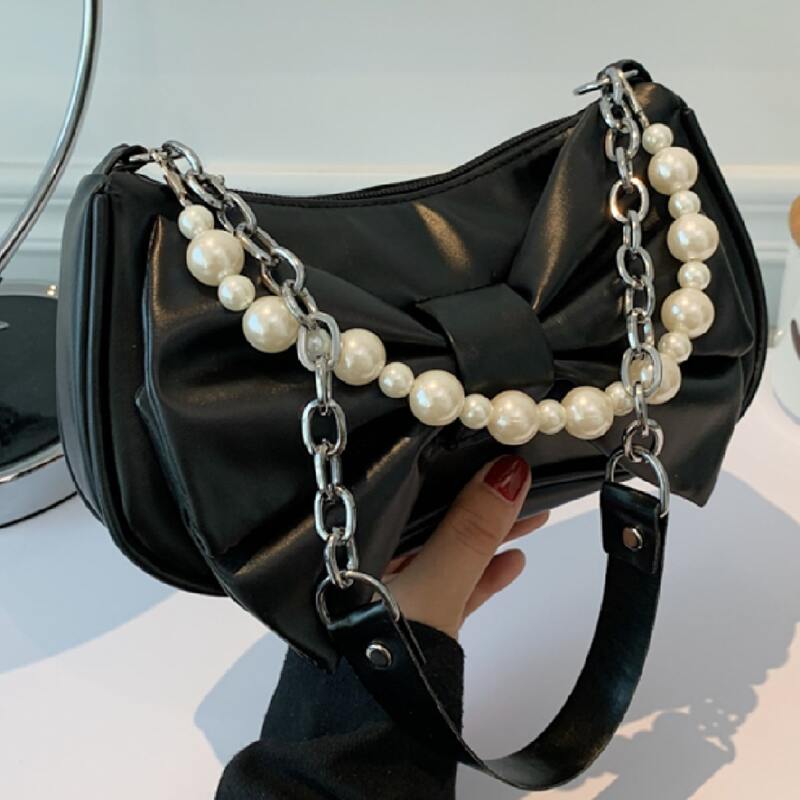 

Bow & Faux Pearl Decor Shoulder Bag, Black