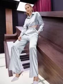 SHEINNeu Argyle Print Single Breasted Tie Back Shirt - Light Grey - View 4