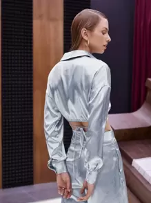 SHEINNeu Argyle Print Single Breasted Tie Back Shirt - Light Grey - View 5