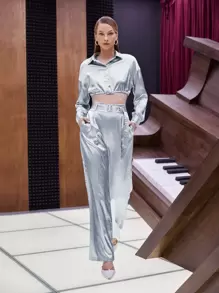 SHEINNeu Argyle Print Single Breasted Tie Back Shirt - Light Grey - View 6