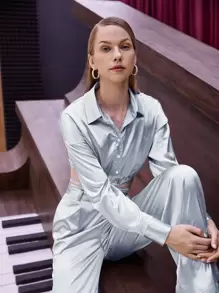 SHEINNeu Argyle Print Single Breasted Tie Back Shirt - Light Grey - View 8