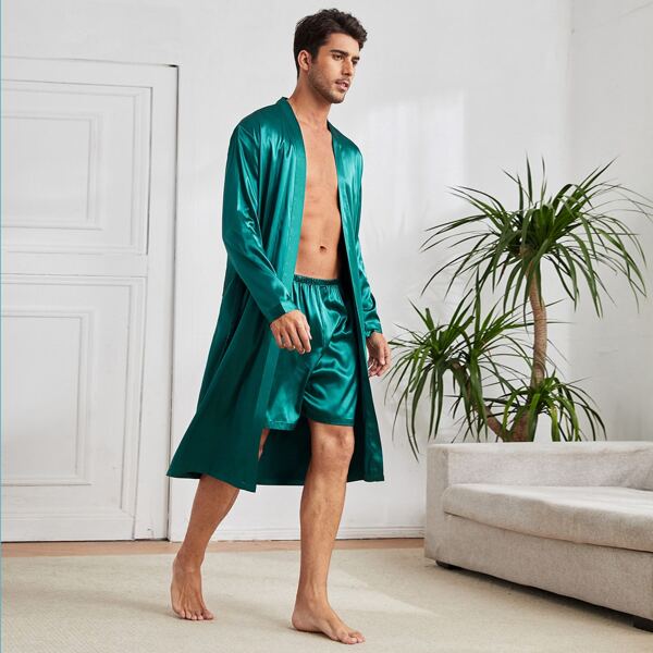 

Men Satin Belted Lounge Robe & Lounge Shorts Set, Dark green