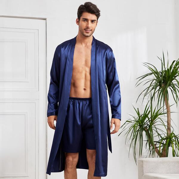 

Men Solid Satin Belted Robe & Sleep Shorts, Navy blue