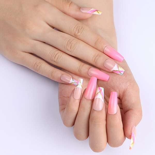 

24pcs Ombre Fake Nail & 1sheet Tape, Multicolor