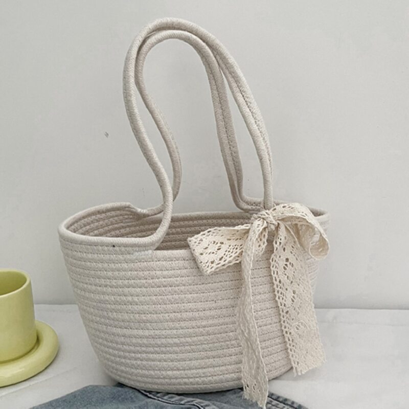 

Double Handle Lace Bow Decor Shoulder Bag, Beige