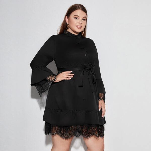 

Plus Contrast Eyelash Lace Two Layered Flounce Sleeve Ruffle Hem Belted Dress, Black