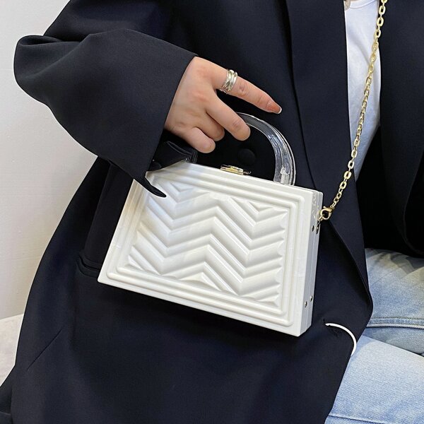 

Textured Clip Top Box Bag, White