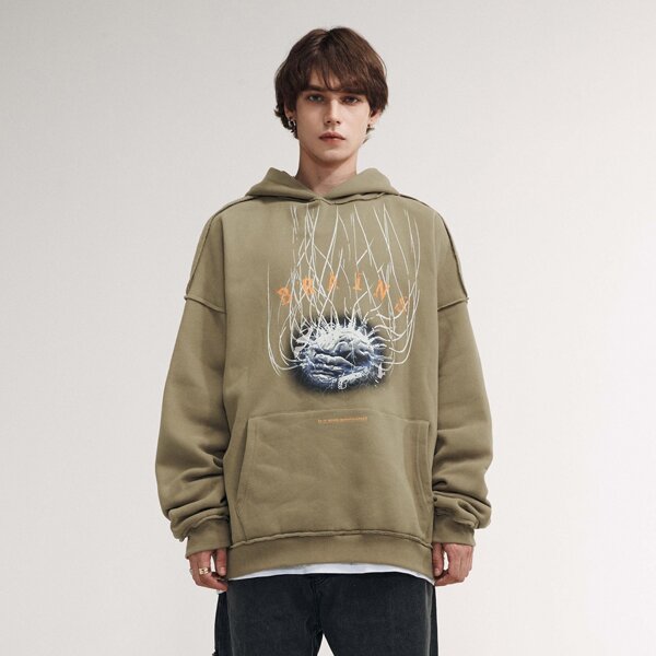 

Men Letter & Graphic Print Drop Shoulder Hoodie, Khaki