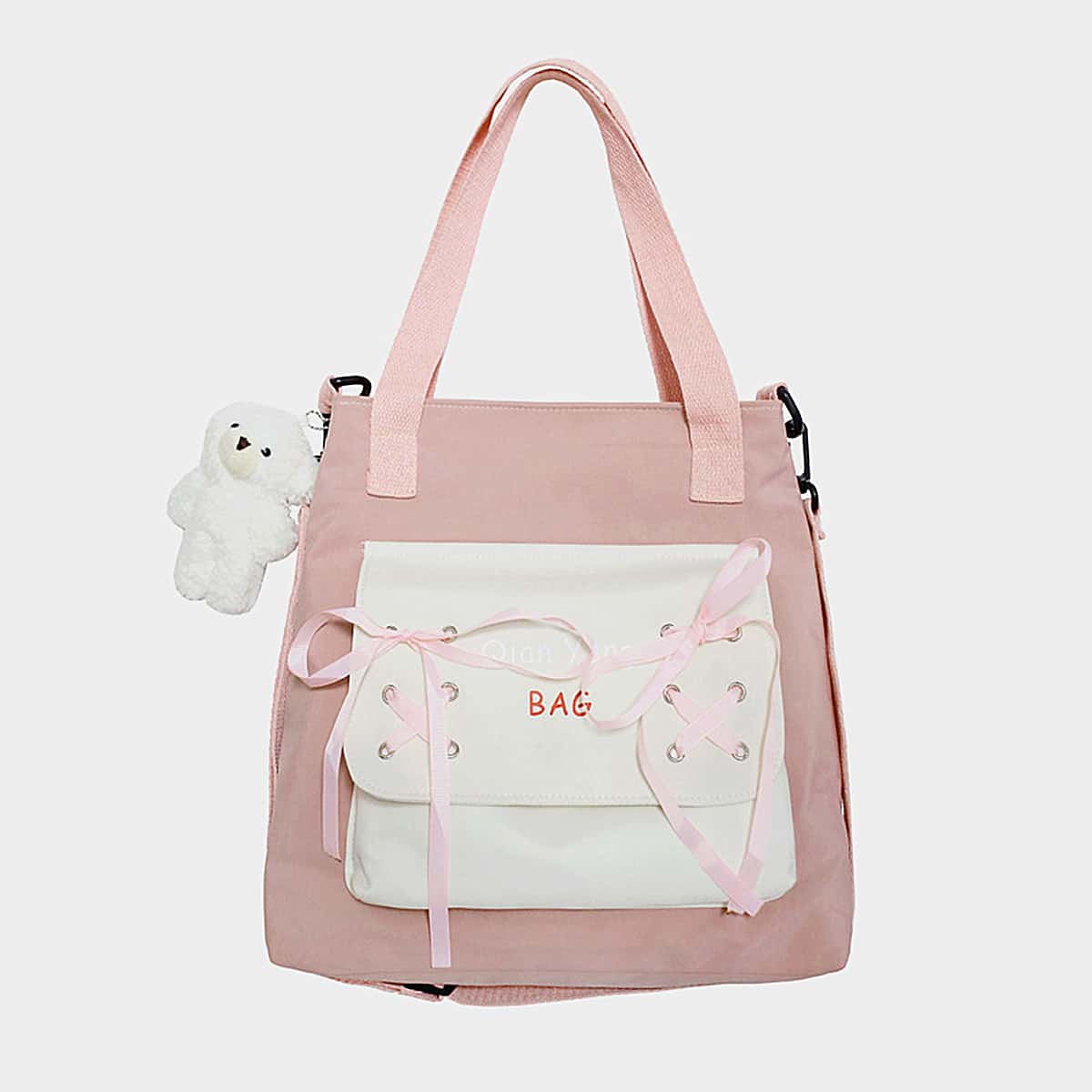 

Bow Decor Letter Graphic Tote Bag With Cartoon Charm, Pink