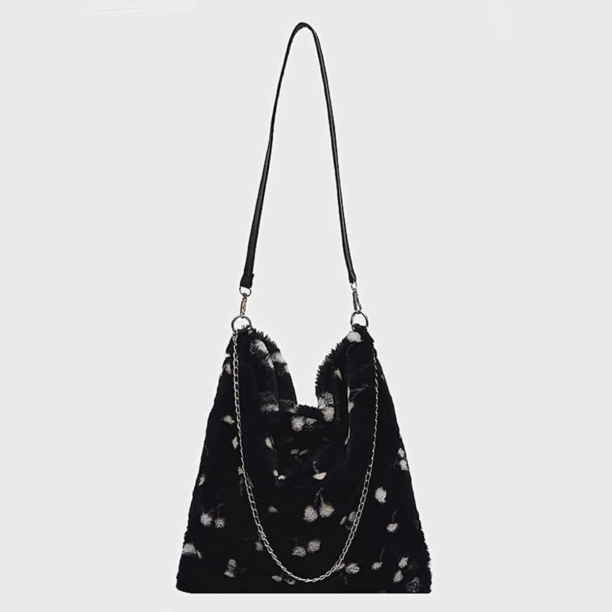 

Fluffy Chain Decor Shoulder Bag, Black and white
