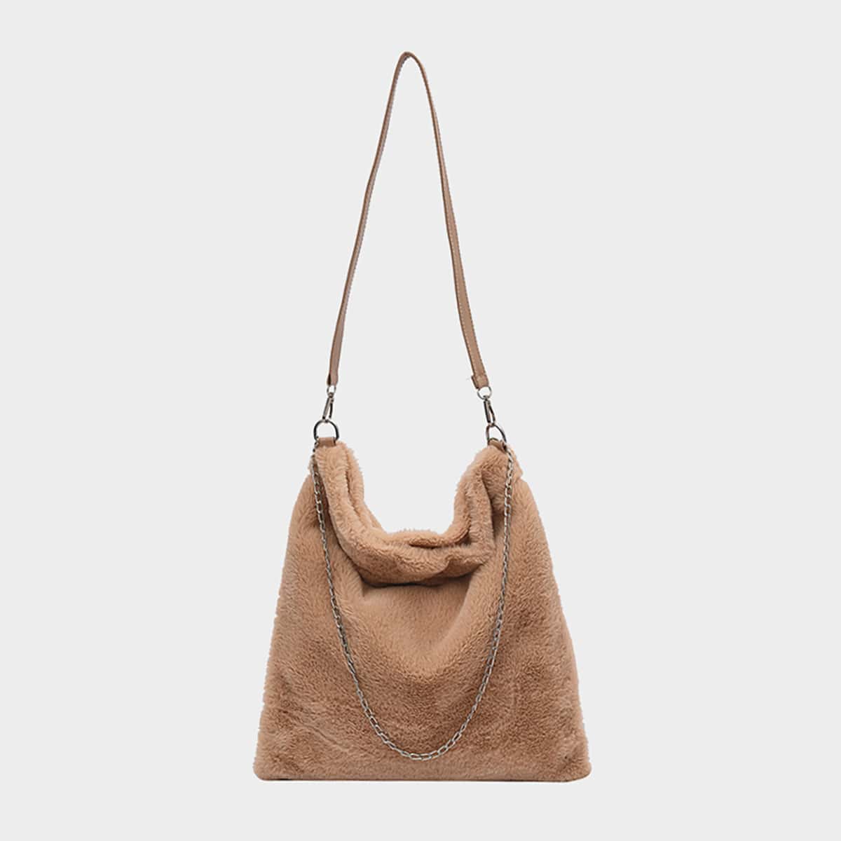 

Fluffy Chain Decor Shoulder Bag, Khaki